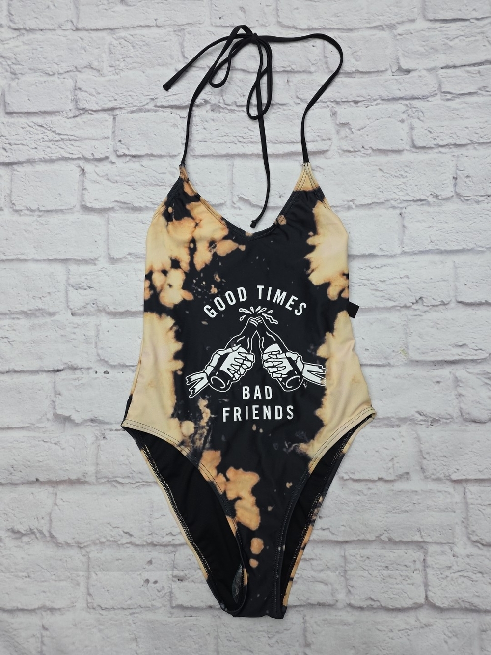 Good Times Tie-Dye Halter One-Piece Swimsuit Bikini - Black & Cream Sz XS